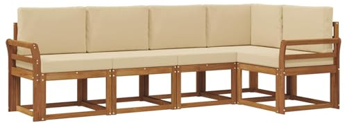 Foknhdi Juego de muebles de jardín de madera de acacia con tapicería, conjunto de sofás para exteriores para patio y jardín, 5 piezas, color natural y beige