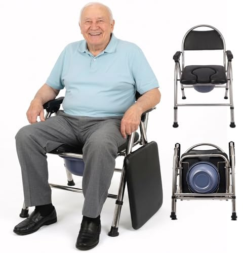 Toilettenstuhl klappbar für Senioren – 2-lagiges dickes Sitzkissen, breiter Edelstahlrahmen, höhenverstellbar, bis 200 kg belastbar, fahrbarer Duschstuhl & Toilette (Schwarz)