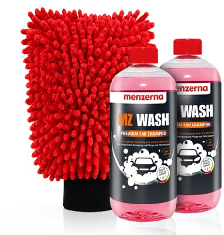 Auto Reinigungsset | 2x Menzerna Autoshampoo Konzentrat 1l Ph-Neutral + Waschhandschuh | Tropischer Duft & intensiver Schaum & starke Schmutzlösung | Auto Shampoo