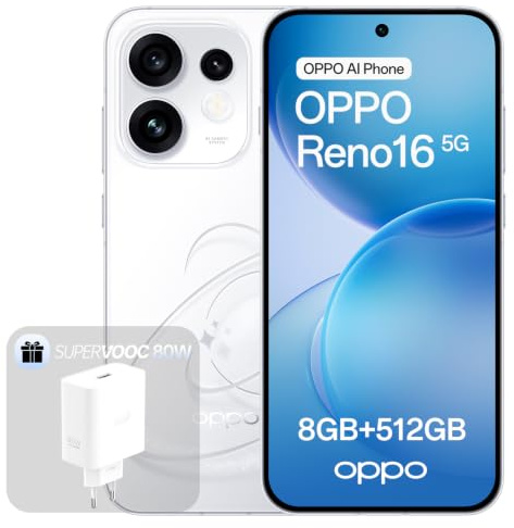 OPPO Reno16 5G Unlocked Smartphone, 8+512GB, 50MP+50MP 3.5X Teleobjektiv, 6.32 120Hz AMOLED Display, 4K Stabilisiertes Video, Snapdragon 7 Gen 4, IP69K, Pop White (mit 80W SUPERVOOC Ladegerät)