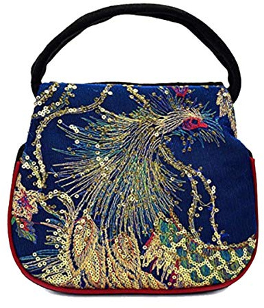 Puyang Damen Mini Pailletten Pfau Stickerei Ethno Retro 2 Fächer Handtasche, blau, Small