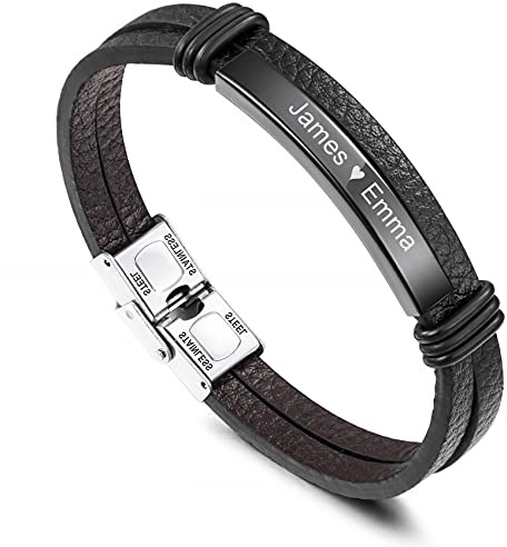 MunkiMix Benutzerdefinierter Namenstext Datum Armbänder Geschenke für Männer Jungen Freund Brüder Vatertag Paare Geflochtenes Armband Leder Anpassbare Edelstahl ID Tag Schmuck
