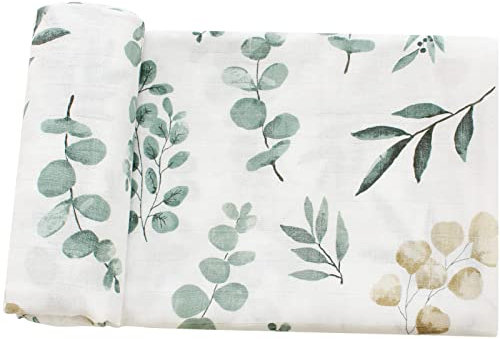 LifeTree Baby Pucktuch Musselin Tuch, Große 120x120cm Musselin Swaddle Decke Baby Bambus Baumwolle Swaddle Wrap für Junge und Mädchen Neugeborene, Eukalyptuspflanzen Design