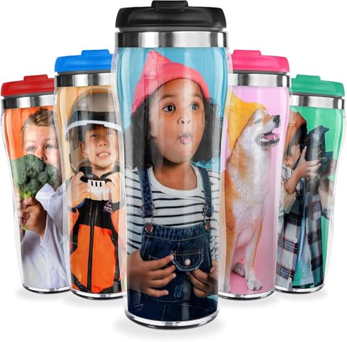 Pixly® Personalised Custom Photo Thermal Travel Mug - 400ml/14oz Capacity - Stainless Steel Coffee Tea Flask with Picture - Black, Red, Blue, Pink (Black)