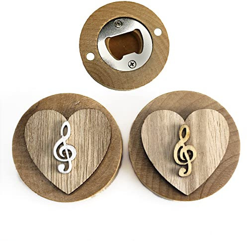 DLM32800 (Kit 6 Pezzi) Apri Bottiglie Apribottiglie con Calamita Moderno Design Tondo in Legno + Scatolina in bambù Cuore Chiave di Violino sol Musica bomboniera