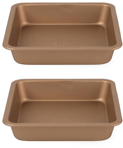 Russell Hobbs COMBO-8125 Set of 2 Opulence 22 cm Non-Stick Square Pan, Carbon Steel, Easy Clean, PFOA Free, Ideal Baking Tins for Cakes, Brownies or Roasting Vegetables, Stylish Design, Gold