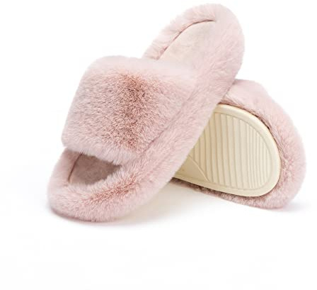 Chantomoo Damtofflor minnesskum hus sovrumstofflor för kvinnor luddig plysch bekväma fuskpälsfodrade glidskor halkfri sula trendiga presenttofflor,Rosa 38/39 EU