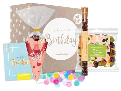 Happy Birthday Box vegan | Veganes Geburtstagsgeschenk mit Gummibärchen und Konfetti | Geschenk für Veganer | Geschenk zum Geburtstag | Geburtstagskarte und vegane Süßigkeiten