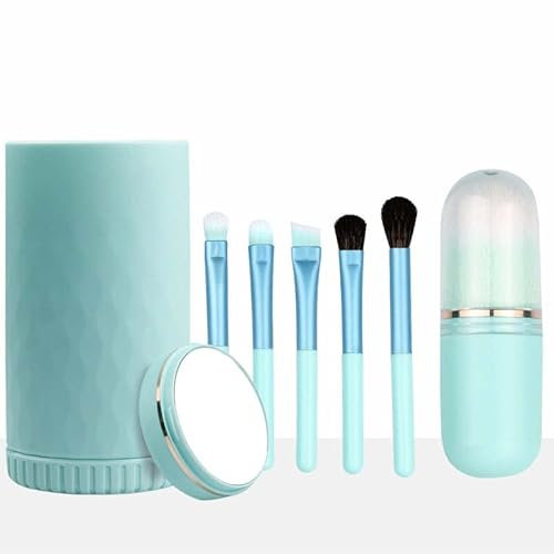6 IN 1 Portable Travel Makeup Brush Set, COSHINE 6pcs Easy-taken Mini Complete Function Cosmetic Brushes Kit with Holder and Mirror (green)