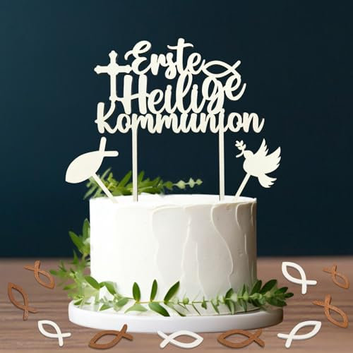 Erste Heilige Kommunion Cake Topper mit 48 Holz Fische Streudeko Tischdeko Kommunion, Erstkommunion Deko Junge Mädchen