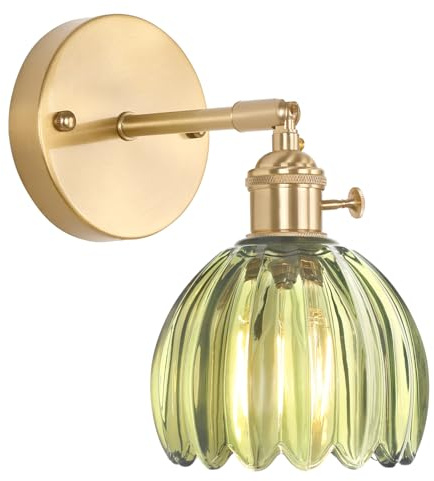 Shenmoyl Vintage Wall Sconces with Green Tulip Glass Lampshade 180 Degree Adjustable Brass Sconces Hradwired Modern Wall Lighting Fixture with Switch for Bedside Bedroom Doorway
