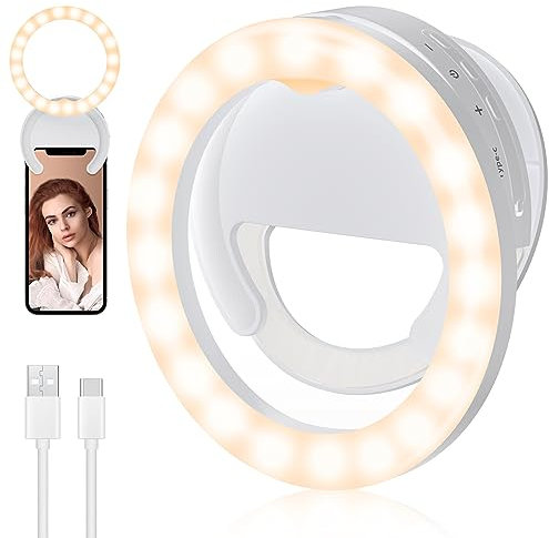 RealPlus Ring Light Téléphone Portable, Anneau Lumineux Lampe Rechargeable Rotatif avec Clip & Dimmable pour Photo, Vidéo, Streaming, Maquillage, Youtube, TikTok, Instagram, Réunion Zoom -Blanc
