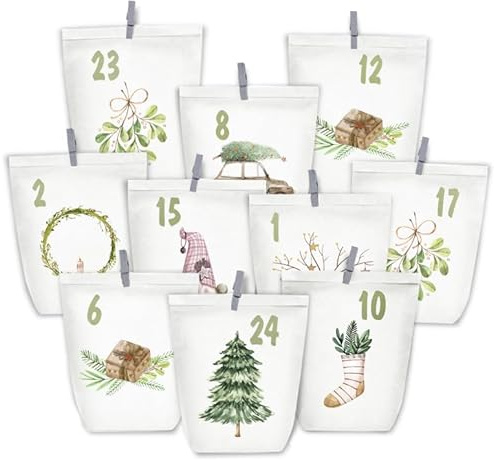 PANSIBY Adventskalender zum Befüllen, 24 Weihnachtskalender Geschenk Papiertüten Groß zum Selber Befüllen, Kraftpapiertüten Advents Tüten Selbstbefüllen mit Aufkleber für Kinder & Erwachsene