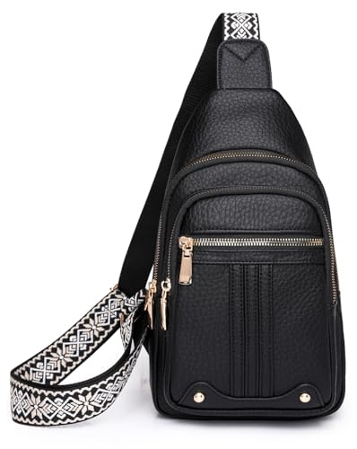 Myhozee Bröstficka dam sling-väska, vegan läder crossbody bag liten axelväska crossover & ryggsäck vintage axelväska för utomhussport, vandring, cykling, F201-svart, M, Vintage
