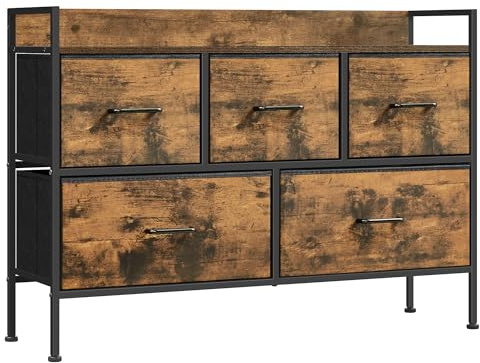 SONGMICS Cómoda para Dormitorio, Cajonera con 5 Cajones de Tela con Asas, Armario de Almacenamiento, para Sala de Estar, Pasillo, Marco de Acero, Marrón Rústico y Negro Tinta LTS135B01