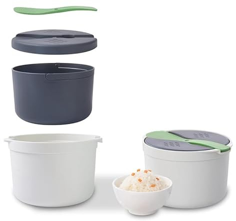 Microwave Rice and Grain Cooker Steamer 2 Litres, Plastic Food Grade Microwave Rice Maker with Rice Scoop/Lid, 2-Layer Microwave Vegetable Steamer, Dishwasher Safe (Green)