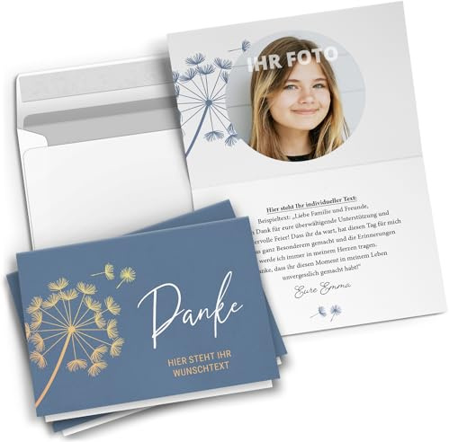 Einladungskarten Manufaktur Hamburg 10 personalisierte Dankeskarten mit eigenem Text und eigenem Foto Pusteblume modern blau