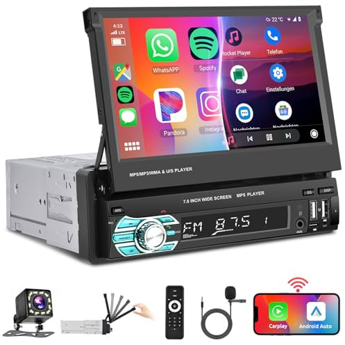 Podofo 7Autoradio Bluetooth Con Schermo Manuale a Scomparsa Carplay Wireless Android Auto,FM Radio con 2 USB/Type-C/AUX/SD/Controllo Al Volante+12LED Retrocamera/7 Luci Colorate