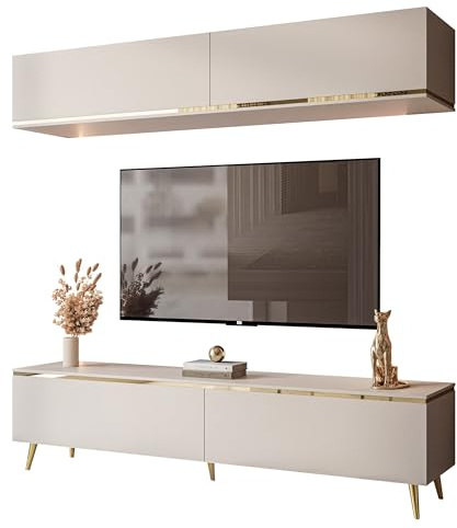 lukmebel - Wohnwand für Wohnzimmer Möbel mit Hängeschrank - TV-Schrank - TV-Board Fernseh-Schrank Fernsehtisch TV-Kommode mit Beinen in Gold - Kaschmir - Aurora II