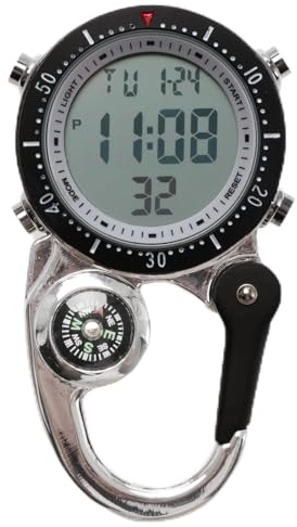 VOSO Multifunctional Luminous Clip On Carabiner Watch - Mini Quartz Watch Compass for Outdoor Activities (Silver with Black Frame)