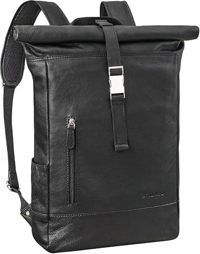 STILORD Harriet Vintage Rolltop Rucksack Leder mit Laptop-Fach 15,6-17 Zoll Fahrradrucksack Kurierrucksack für Damen und Herren aus weichem Leder Farbe:schwarz