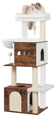 Hzuaneri 130 cm Torre para Gatos, 2 Cuevas para Gatos con Camas Acolchadas, Muebles para casa de Gato con 4 rascadores, Plataformas Grandes, rascador de Madera, Marrón Vintage MS13201WT