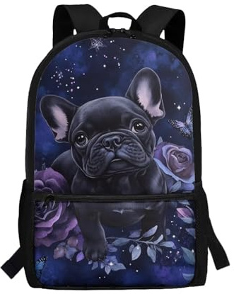 Showudesigns French Bulldog Dog Backpack for Boys 9-10 10-15 Middle School Bag with Water Bottle Holder Kids Schoolbag 17 Inch Laptop Backpacks Casual Daypack Teens Travel Satchel Purple Rose