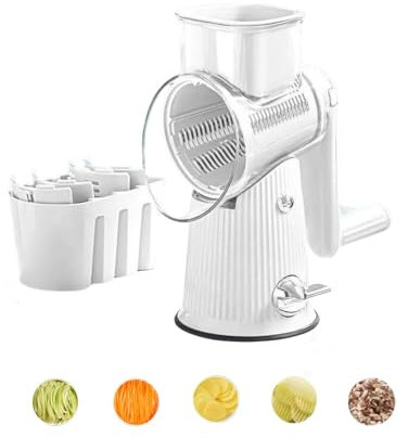Rallador de Verduras Rotativo Rallador de Queso Manual con 10 Cuchillas Intercambiables con Caja para Guardar Las Cuchillas Cortadora de Verduras Ideal para Queso, Pepino, Zanahoria, Nueces（Bianco）