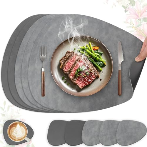 HELI MIAO 6er Set Tischset aus Leder-Imitat，Platzsets abwaschbar und wasserdicht，Platzdeckchen Lederoptik mit Untersetzer,Tischuntersetzer Doppelseitigen rutschfest(Oval,Grau+Dunkelgrau)