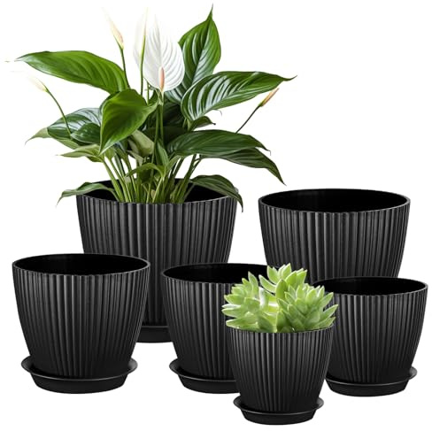Kalizoi 10/11.5/12.7/14/15/17.8 cm Plant Pots, Modern Plant Pot with Saucer Drainage Holes, Plastic Flower Pots for Indoor Outdoor, Decorative Planter for Succulents Cactus (Set of 6, Black)