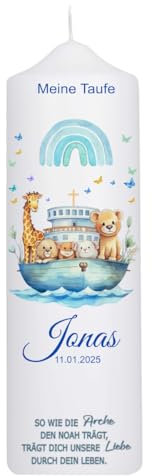 Taufkerze Mädchen, Jungen mit Taufspruch, Arche Noah Regenbogen 25 cm x 8 cm, personalisierte Kerze, bedruckte Kerze zur Taufe, Stumpenkerze zur Taufe, Patenkerze,individuelles Taufgeschenk.