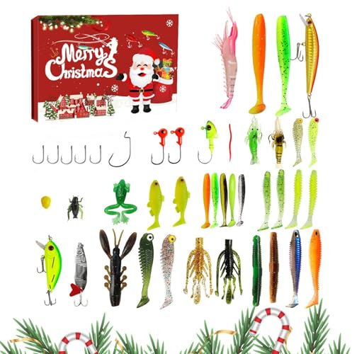 Ylnailky Angelzubehör-Adventskalender,Angelköder-Adventskalender - Weihnachts-Angelhaken-Adventskalender - Angel-Adventskalender, 24 Tage Angelköder-Set für Vater, Opa