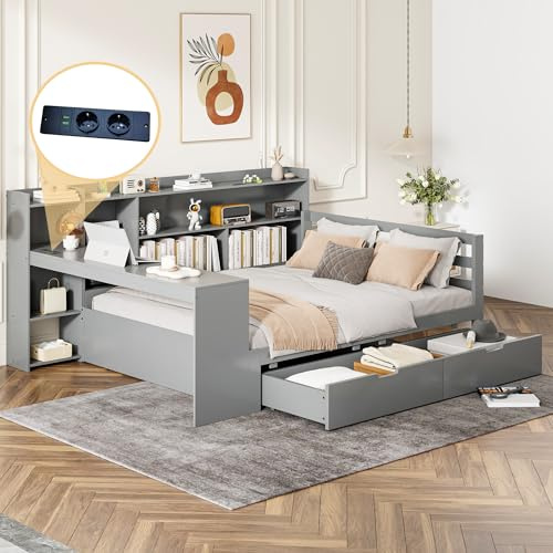 okwish Stauraumbett 140x200 cm für Kinder und Jugendliche, Grau | Steckdose, Schreibtisch, Bücherregal, Stauraumfach, Regal, 2 Schubladen, Stauraum, Versand in 3 Paketen
