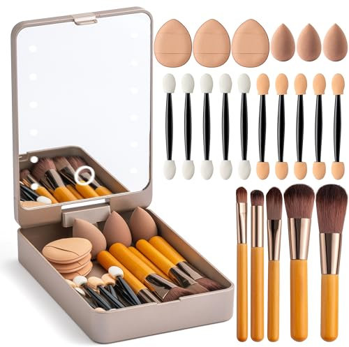 22Pcs Makeup Brushes Set Professional Tool include Bamboo Handle Brush, Eyeshadow Stick, Thumb Air Cushion, Beauty Egg and Mirrorr, Cosmetic Set for Blush Highlight Contour Concealer Powder Travel Kit