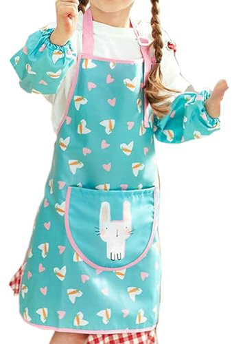 Ruwshuuk Malschürzen für Kinder, Künstlerschürze mit Taschen, Bastelkittel mit Cartoon-Muster für, Mädchen, Jugendliche, grün, Refer to description