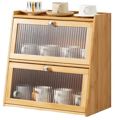 NHDVDVAV 2-stufiger Tassenhalter aus Bambus für die Arbeitsplatte, Kleiner Lagerschrank mit Türen, Küchenthekenregal für Tee-/Kaffeebar-Zubehör, Tassenständer für das Wohnzimmer,B,50cm