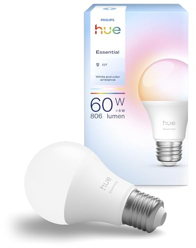 Philips Hue Essential - Bombilla Led Inteligente A60 Smart (1), luz blanca y colores, luminaria led E27 Base, 8 W, 2200 K-6500 K, 806 lm, regulable, compatible con Alexa, Google Assistant y Apple Home