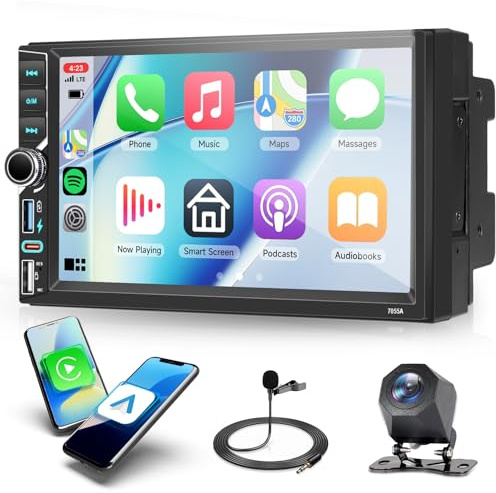 4G 64G Android Double Din Car Radio with Wireless Carplay Android Auto, 7 Inch 2 Din Touchscreen Car Radio Bluetooth FM RDS GPS WiFi 32EQ SWC Backup Camera
