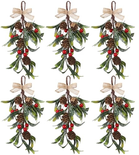 Luinabio 6 Pack Christmas Artificial Mistletoe Hanging Ornaments with Burlap Bow 9 Inches Length, Red Berry, Party Decorations, Christmas Decoration Flower Arrangement Home Decor
