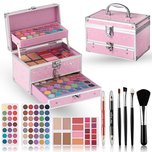 Hot Sugar Makeup Kit for Girls with Train Case, 52-Piece Cosmetic Set with Eyeshadow, Blush and Brushes (Pink)