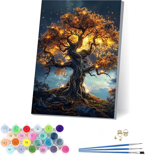 Malen Nach Zahlen Erwachsene Baum Des Lebens Malen Nach Zahlen, DIY Basteln Erwachsene Landschaft, Paint by Numbers Handgemaltes Ölgemälde Mit Pinseln und Acrylfarbe, Deko Wohnzimmer 50x65cm O-4863