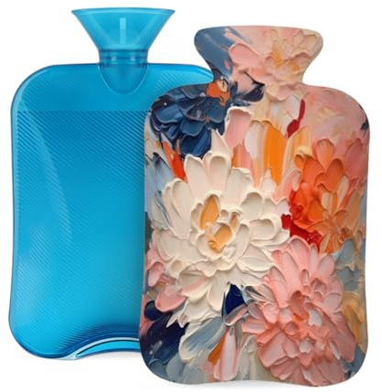 Hot Water Bottle with Soft Cover, Oil Painting Art Chrysanthemum 2 Liter Hot Water Bag for Pain Relief, Hand Feet Warmer