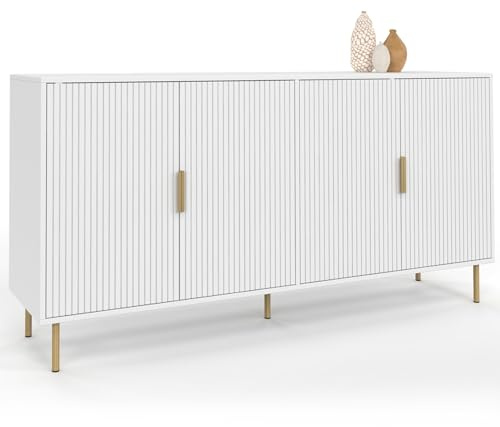 IDMarket Marcel - Aparador (160 cm, 4 puertas, color blanco, efecto listones y acabados dorados)