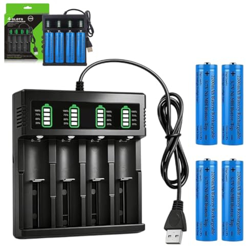 KQWVZ 4 Pezzi Batería Recargable De 3,7 V con Cargador, 2200mah Batterie 3.7v Ricaricabili, Pilas Recargables 3.7v, Batería De Iones De Litio De 3,7 V con Cargador para Linterna, Linterna, Cámara