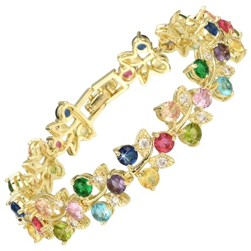 RIZILIA Mehrfarbig Zirkonia Gold vergoldet Tennisarmband Damen | Buntes Geburtsstein Armband, 4mm Rundschliff Zirkonia, 18 cm (7), Geschenkbox, Hypoallergen Edelstein Schmuck zum Stapeln