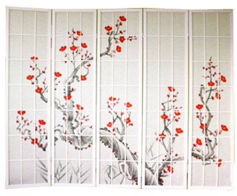 PEGANE Biombo de Madera Color Blanco con Flores de Cerezo de 5 Paneles