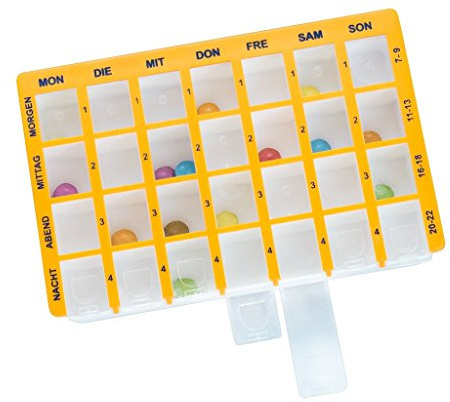 Teckmedi Pillendose Arzneikassette 7-Tage, Gelb - Pillenbox mit 28 Fächern