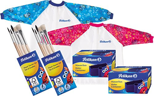 Pelikan Malschürze für Kinder von ca. 6 - 9 Jahre / gemischtes Set (1 x Malschürze rot + 1 x Malschürze blau + 2 x Wasserbecher + 2 x 5er Pinsel-Set)