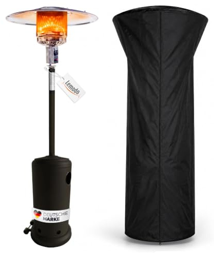 Lemodo Heizpilz 14 kW, Gasheizer schwarz mit Abdeckhaube | Gasheizstrahler mit Piezo-Zündung, Umkippsicherung, stufenlos regulierbar, mit Rollen, Schutzhülle, für Terrasse und Garten