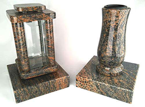 designgrab Set Grablampe Modern 25,5 cm & Granitvase 25 cm mit Granitsockel – massiv, hochwertig & poliert – Gneis – rotgrau gemasert